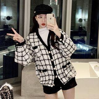 Plaid V-neck Open-front Jacket