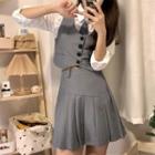 Single-breasted Vest + Accordion Pleat Skirt / Plain Cropped Shirt + Necktie
