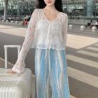 Halter-neck Ribbed Camisole Top / Tie-dyed Wide Leg Pants / Lace Jacket