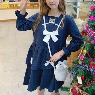Long-sleeve Cat Pattern Layered Dress As Shown In Figure - One Size