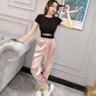 Set: Short-sleeve Crop Top + Contrast Trim Harem Pants