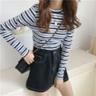 Striped Long-sleeve Slim-fit Knit Top As Figure - One Size
