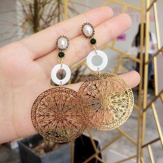 Faux Pearl Perforated Metal Disc Dangle Earring Faux Pearl Perforated Metal Disc - One Size