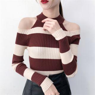 Cold-shoulder Long-sleeve Striped Knit Top