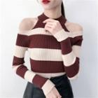Cold-shoulder Long-sleeve Striped Knit Top