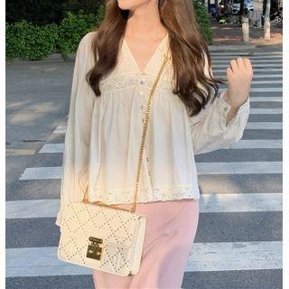 Long-sleeve V-neck Lace Trim Blouse / Plain Midi Skirt