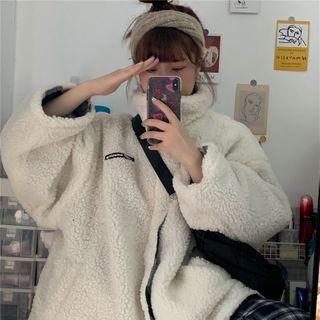 Fleece Plaid Stand-collar Reversible Coat White + Plaid - One Size