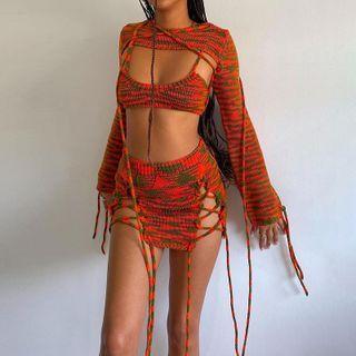 Set: Long-sleeve Striped Shrug + Camisole Top + Mini Skirt