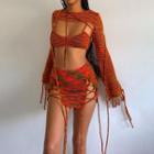 Set: Long-sleeve Striped Shrug + Camisole Top + Mini Skirt
