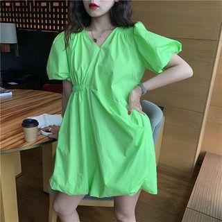 Puff-sleeve Plain Asymmetric Dress