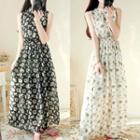 Flower Print Sleeveless Maxi Chiffon Dress