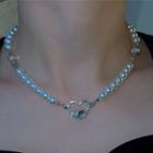 Heart Rhinestone Faux Pearl Pendant Alloy Choker White Faux Pearl - Silver - One Size