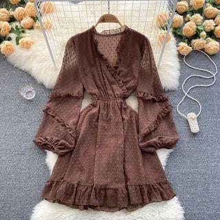 V-neck Ruffle Dotted Puff-sleeve Dress