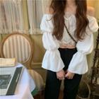 Lace Off-shoulder Long-sleeve Top / Plain Pants
