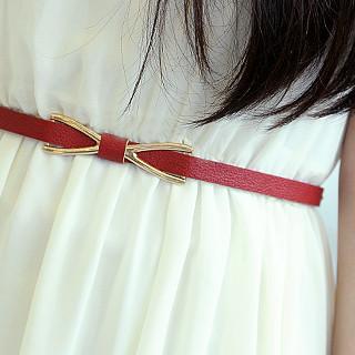 Bow-accent Faux-leather Slim Belt Red - One Size