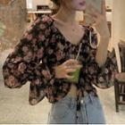 Long-sleeve Floral Chiffon Blouse Pink Flowers - Black - One Size