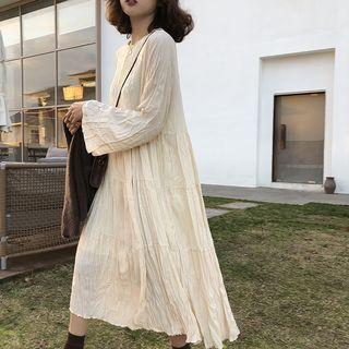 Long-sleeve Crinkle Midi Chiffon Dress
