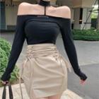 Long-sleeve Off-shoulder Top / Faux Leather Mini Pencil Skirt