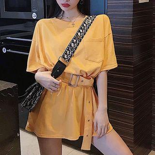Crew-neck Elbow-sleeve T-shirt With Belt