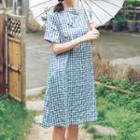Traditional Chinese Short-sleeve Floral Gingham A-line Dress