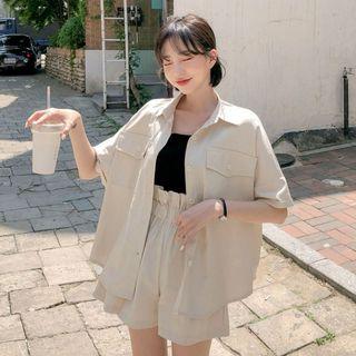 Set: Cuff-sleeve Boxy Shirt + Frilled Shorts