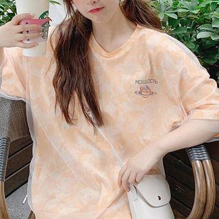 Mesh Overlay Elbow-sleeve T-shirt
