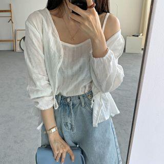 Set: V-neck Gathered-waist Blouse + Spaghetti-strap Top