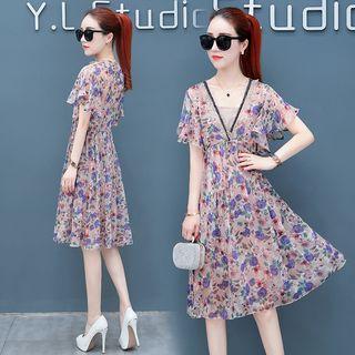 Set: Floral Print Short Sleeve A-line Chiffon Dress + Slipdress