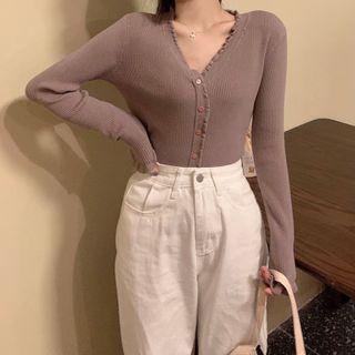 V-neck Lettuce Edge Knit Top