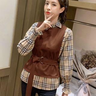 Set: Plaid Long-sleeve Shirt + Tie-waist Vest