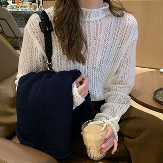Mock Neck Perforated Knit Top Milky Almond - One Size
