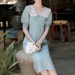 Short-sleeve Lace Trim Collared Midi Sheath Dress