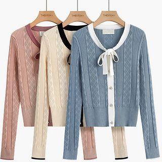 Tie-neck Argyle Knit Cardigan