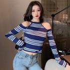 Long-sleeve Cold-shoulder Knit Top Stripes - Blue & White - One Size