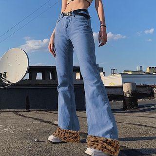 High Waist Leopard Print Trim Bootcut Jeans