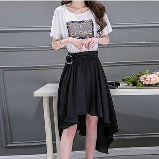 Set: Lettering Short-sleeve T-shirt + Asymmetrical A-line Skirt