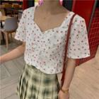 Drawstring V-neck Floral Print Top As Shown In Figure - One Size