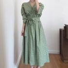 3/4-sleeve Plaid Midi Wrap Dress Plaid - Green - One Size