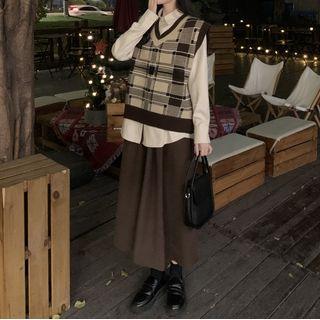 Plain Shirt / Plaid Sweater Vest / Midi A-line Skirt