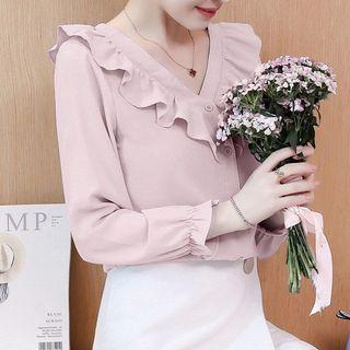 Ruffle Trim V-neck Long-sleeve Blouse