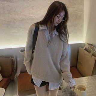 Long-sleeve V-neck Knit Top / Long-sleeve Striped Shirt