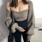 Ribbed Knit Cropped Cardigan / Strapless Top
