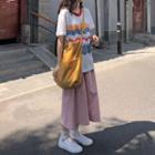 Color-block Short-sleeve T-shirt / Plain Midi Skirt
