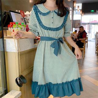 Elbow-sleeve Frill Trim Plaid Paneled A-line Midi Dress