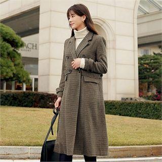 Belted Houndstooth Long Coat