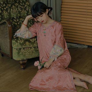 3/4-sleeve Embroidered Midi A-line Dress Pink - One Size