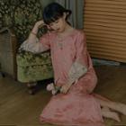 3/4-sleeve Embroidered Midi A-line Dress Pink - One Size