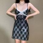 Spaghetti Strap Lace Trim Plaid Mini Dress
