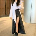 Long-sleeve Asymmetric T-shirt / Buckled A-line Skirt