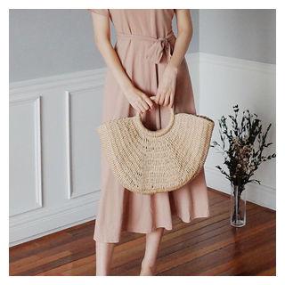 Short-sleeve Tie-waist Long Dress